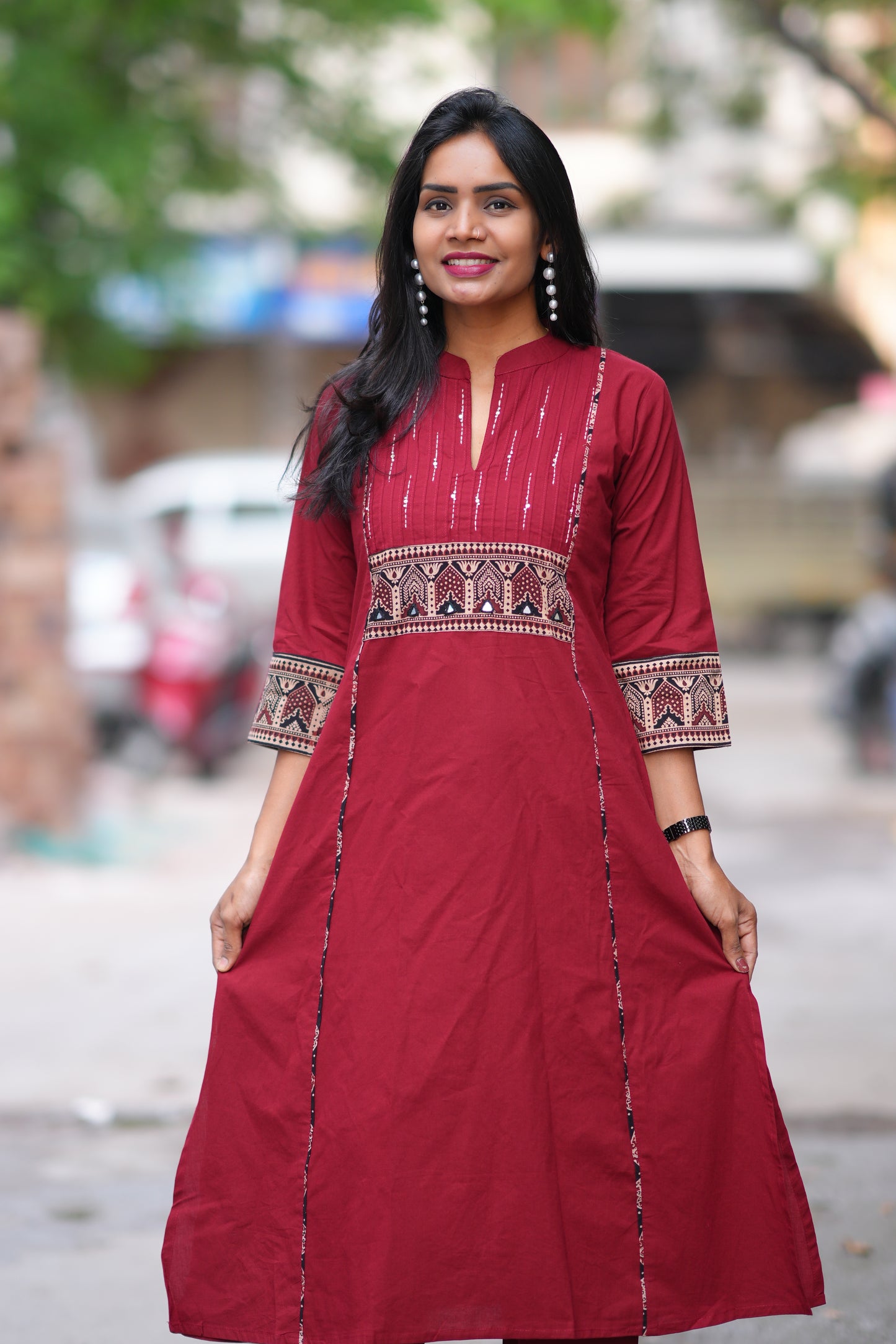 Maroon Color Stylish Office Wear Cord Set With Ajrakh Patch and Palazzo Pants