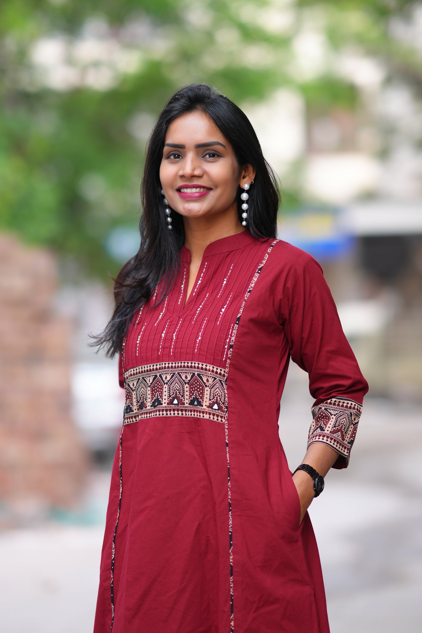 Maroon Color Stylish Office Wear Cord Set With Ajrakh Patch and Palazzo Pants