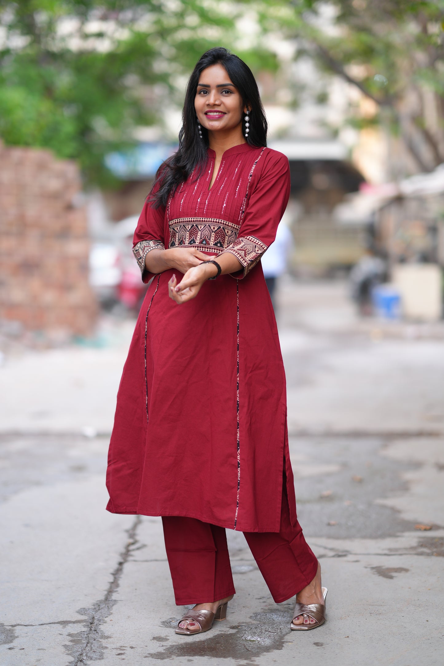 Maroon Color Stylish Office Wear Cord Set With Ajrakh Patch and Palazzo Pants