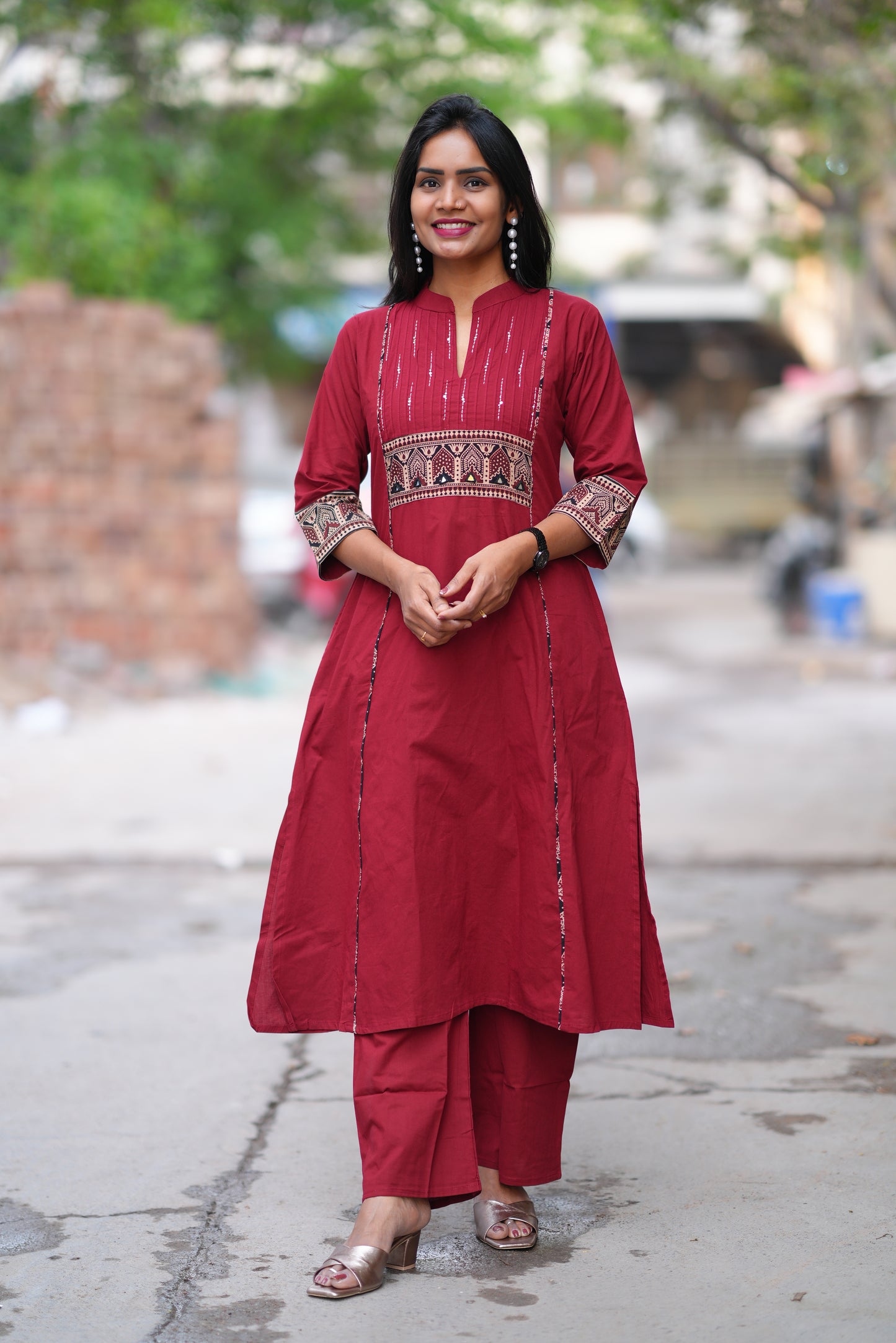 Maroon Color Stylish Office Wear Cord Set With Ajrakh Patch and Palazzo Pants