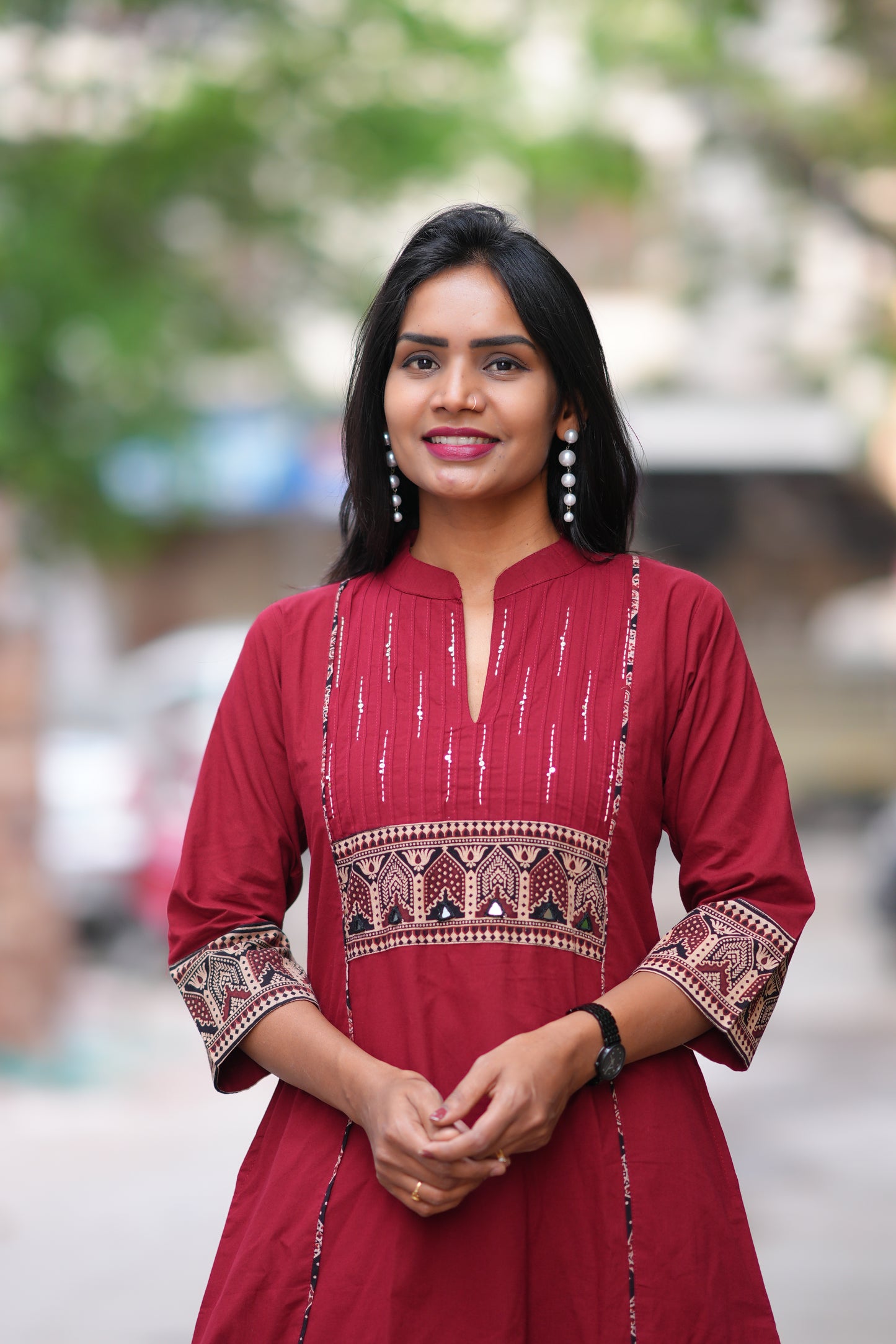 Maroon Color Stylish Office Wear Cord Set With Ajrakh Patch and Palazzo Pants