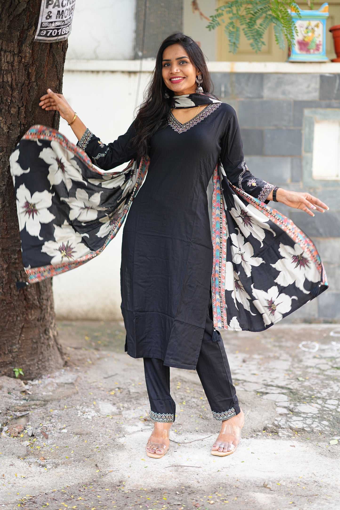 Black Color Designer 3 Piece Set in Muslin