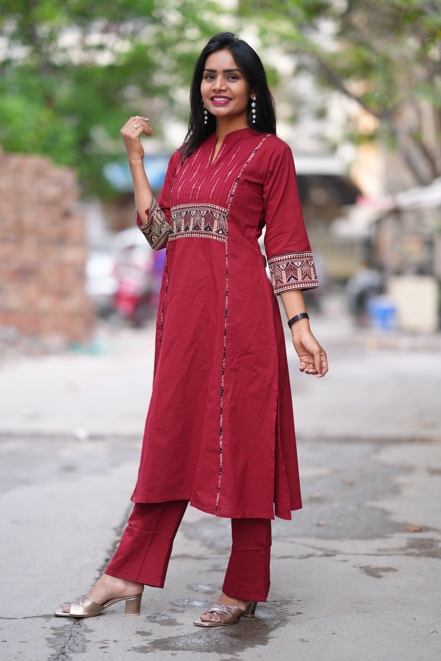 Maroon Color Stylish Office Wear Cord Set With Ajrakh Patch and Palazzo Pants