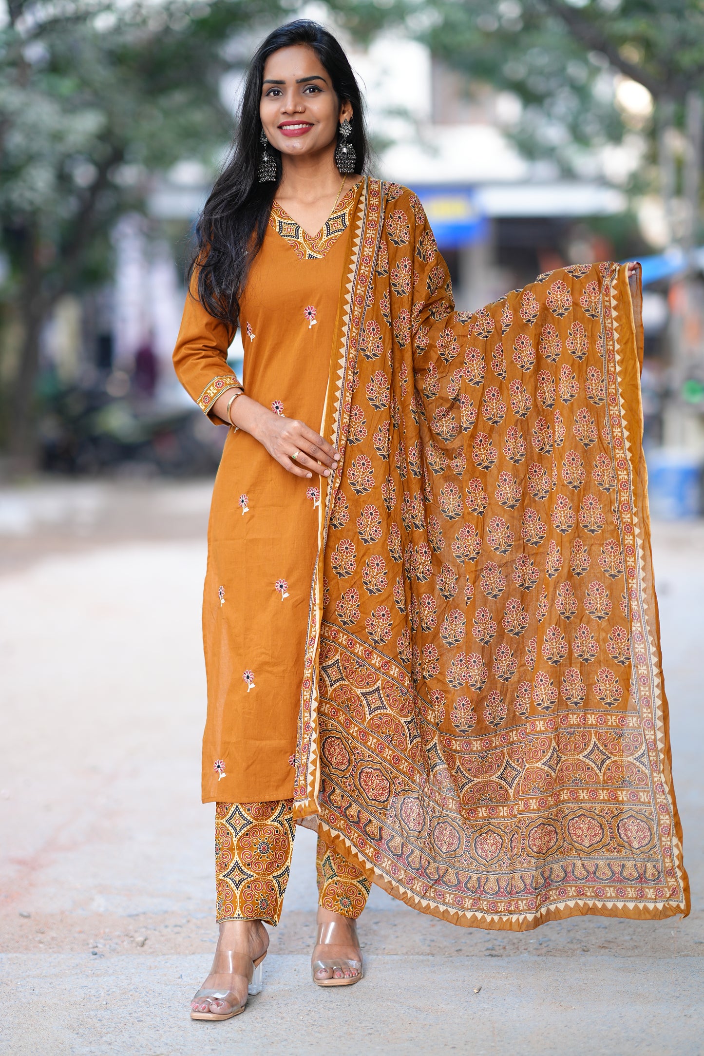 Brown Color Jaipur Cotton 3 Piece Set With Full Lining and Embroidery Work