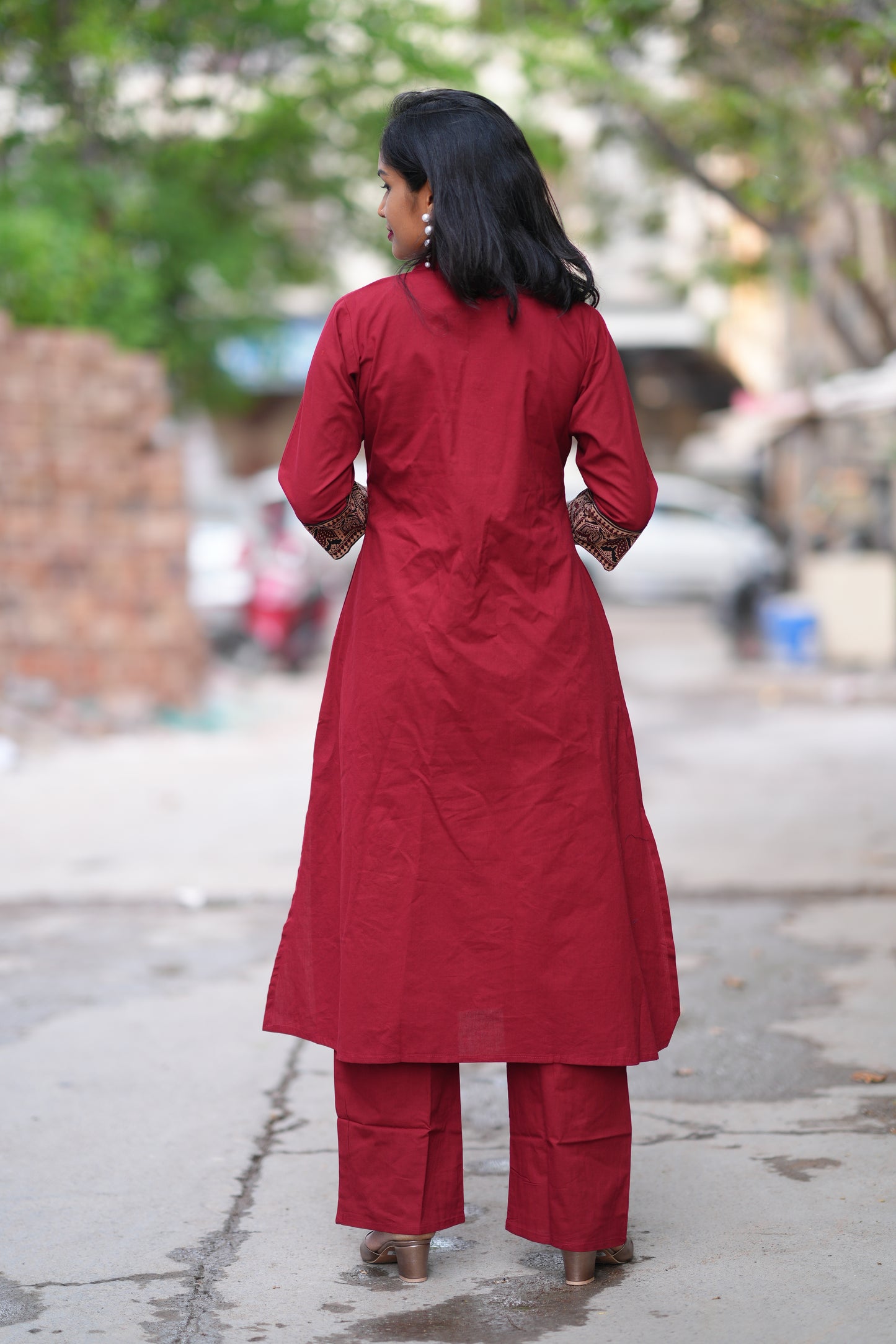 Maroon Color Stylish Office Wear Cord Set With Ajrakh Patch and Palazzo Pants
