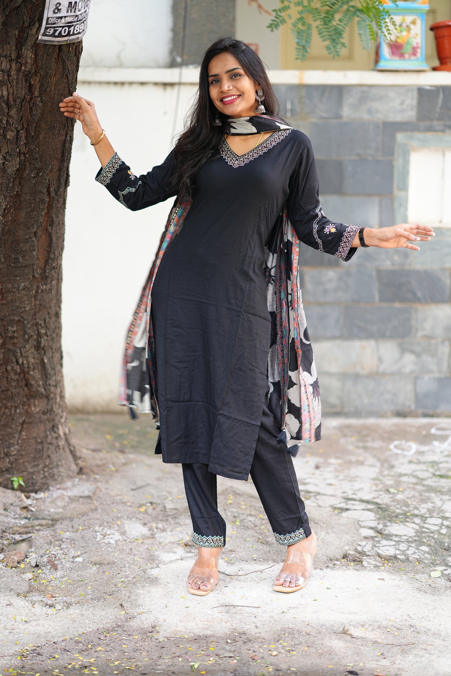 Black Color Designer 3 Piece Set in Muslin