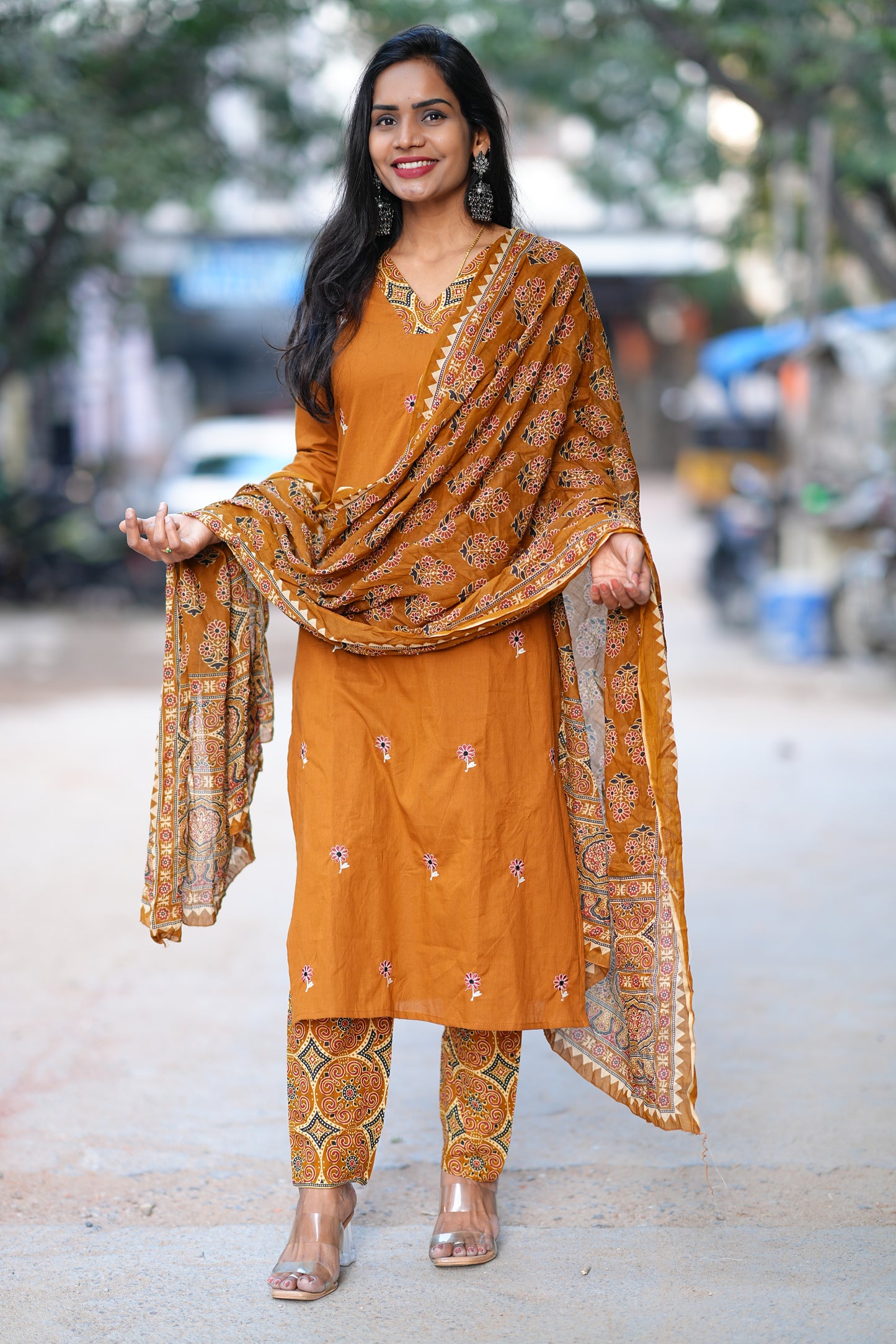 Brown Color Jaipur Cotton 3 Piece Set With Full Lining and Embroidery Work