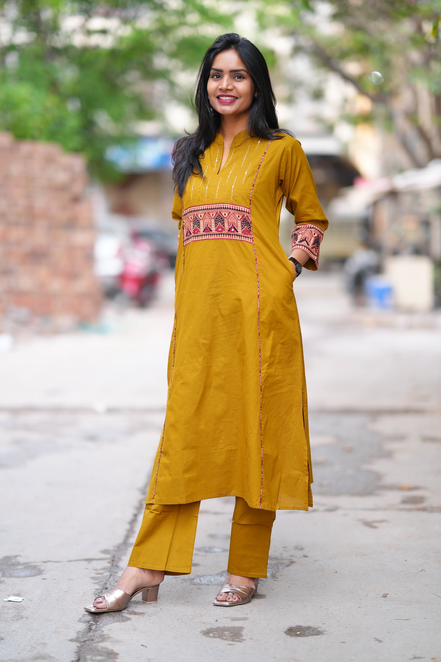 Olive Green Color Stylish Office Wear Cord Set With Ajrakh Patch and Palazzo Pants