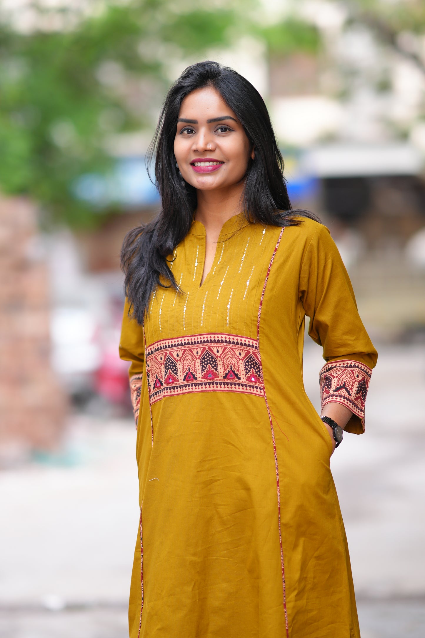 Olive Green Color Stylish Office Wear Cord Set With Ajrakh Patch and Palazzo Pants