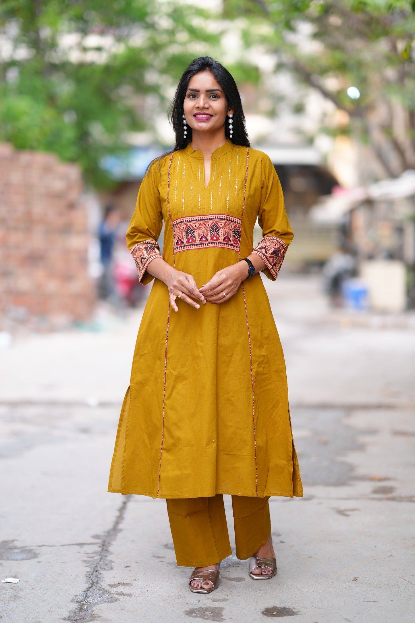 Olive Green Color Stylish Office Wear Cord Set With Ajrakh Patch and Palazzo Pants