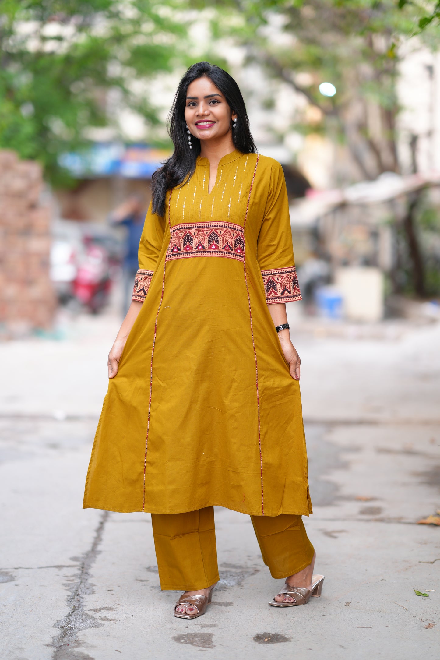 Olive Green Color Stylish Office Wear Cord Set With Ajrakh Patch and Palazzo Pants