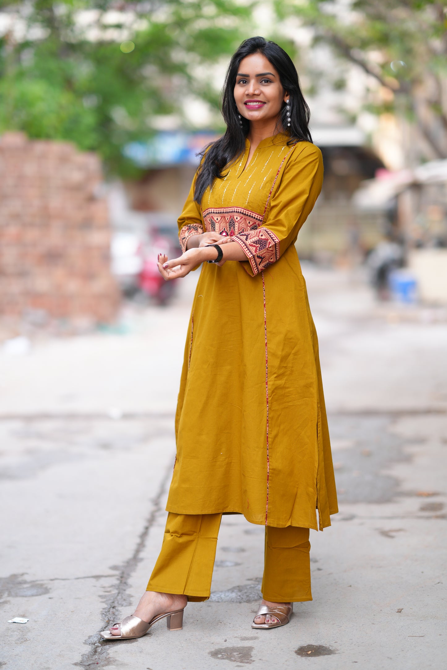 Olive Green Color Stylish Office Wear Cord Set With Ajrakh Patch and Palazzo Pants