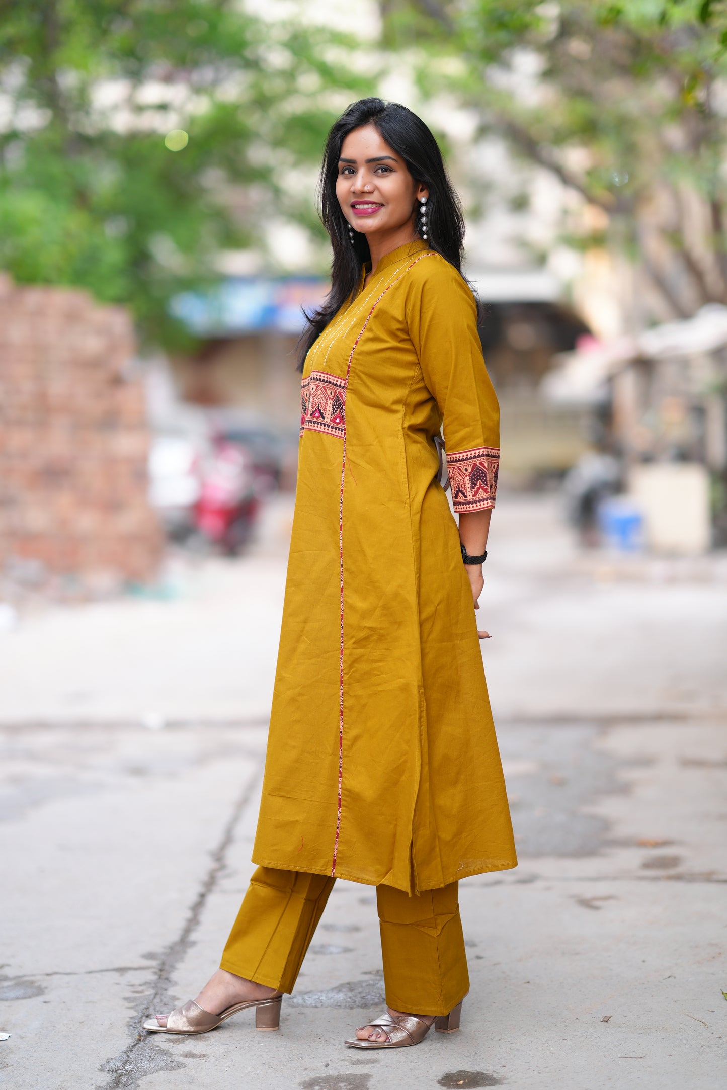 Olive Green Color Stylish Office Wear Cord Set With Ajrakh Patch and Palazzo Pants