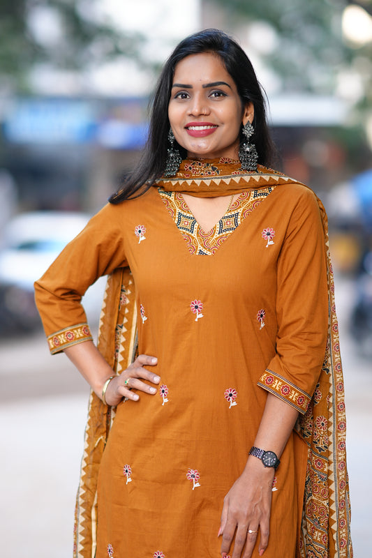 Brown Color Jaipur Cotton 3 Piece Set With Full Lining and Embroidery Work