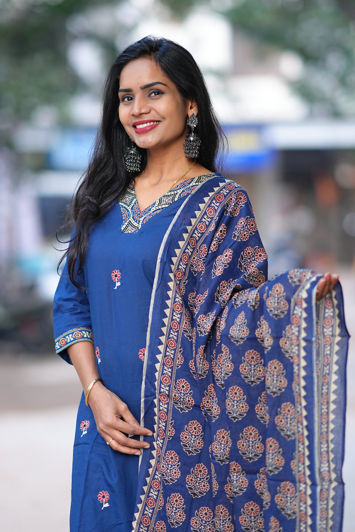 Blue Color Jaipur Cotton 3 Piece Set With Full Lining and Embroidery Work