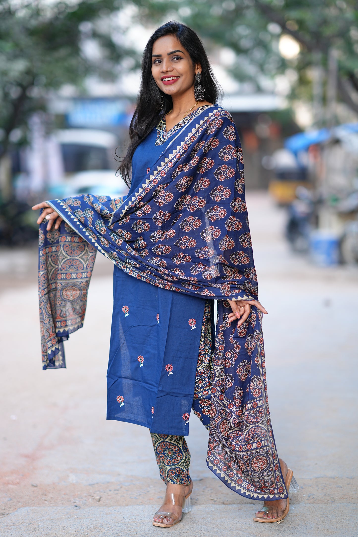 Blue Color Jaipur Cotton 3 Piece Set With Full Lining and Embroidery Work