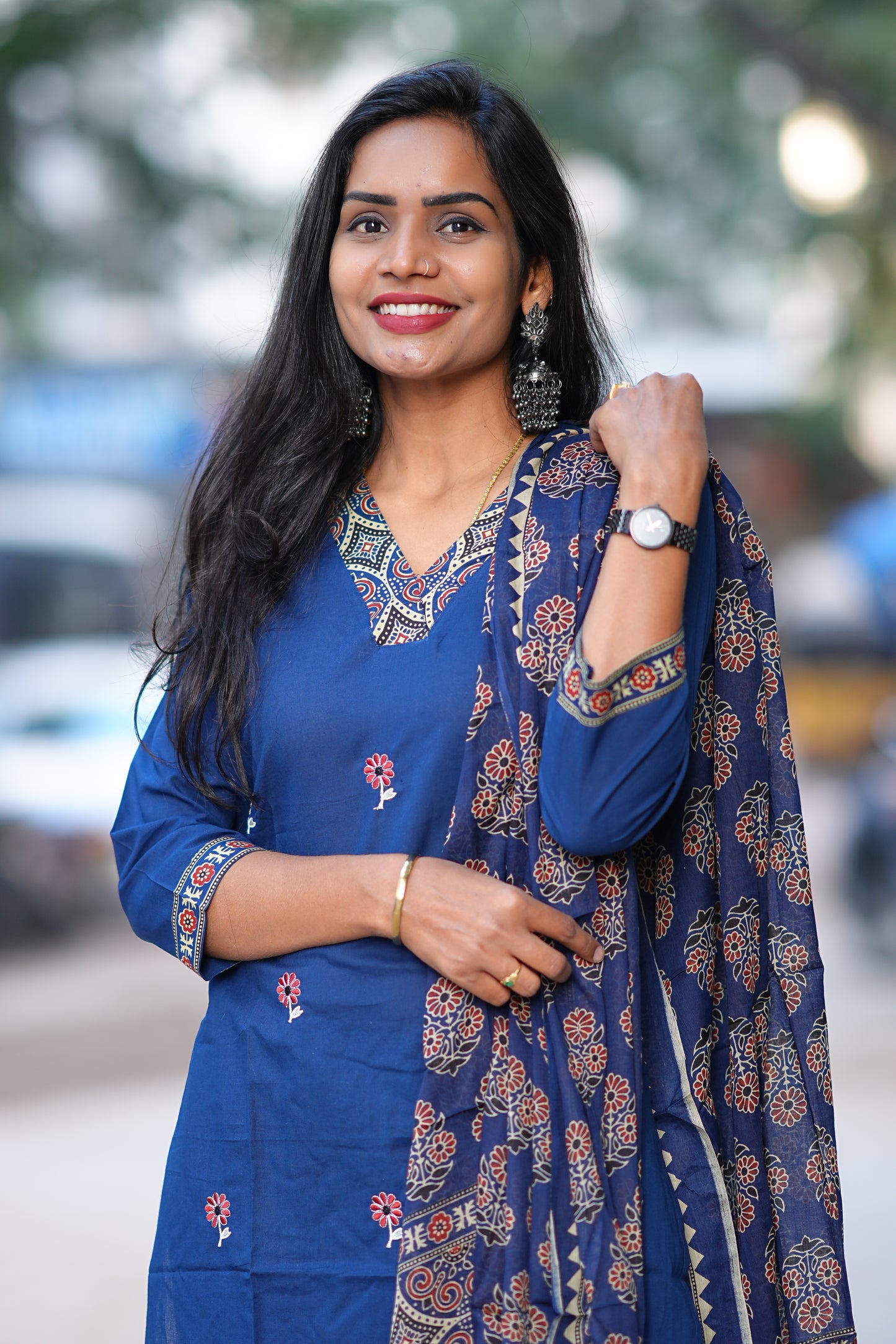Blue Color Jaipur Cotton 3 Piece Set With Full Lining and Embroidery Work