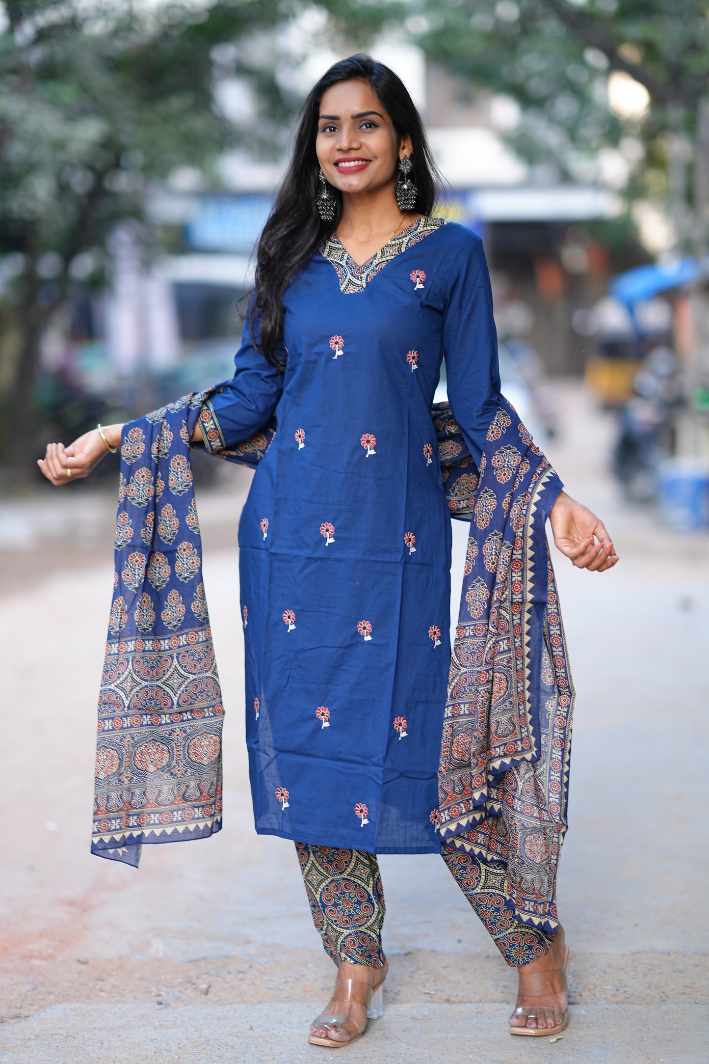 Blue Color Jaipur Cotton 3 Piece Set With Full Lining and Embroidery Work