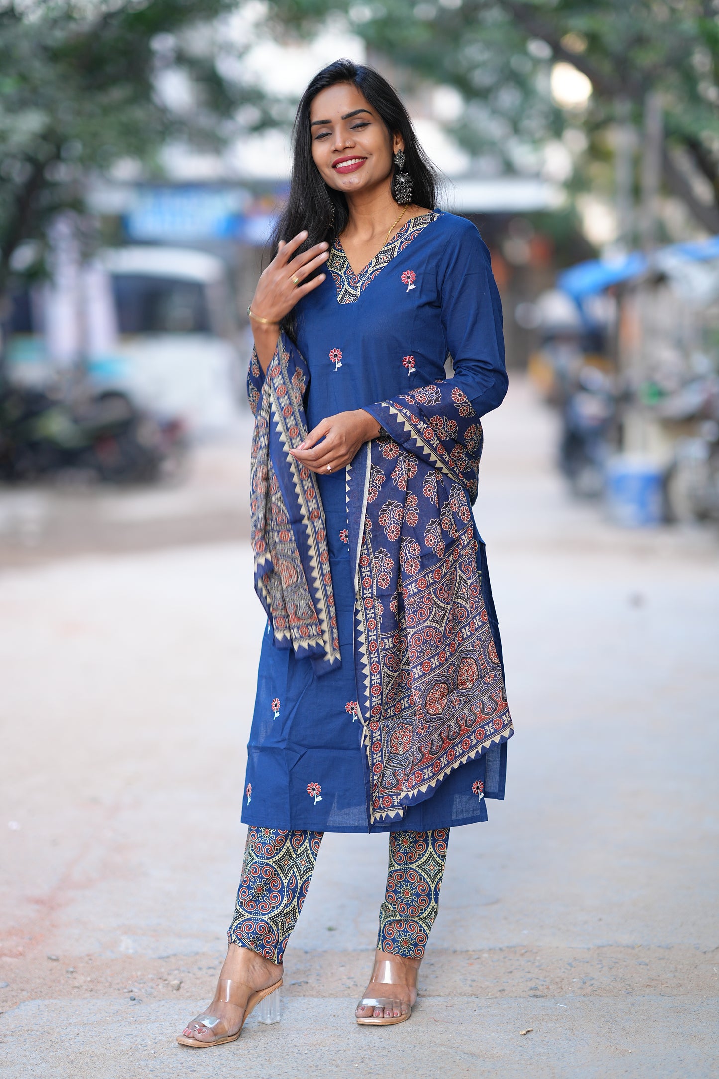 Blue Color Jaipur Cotton 3 Piece Set With Full Lining and Embroidery Work
