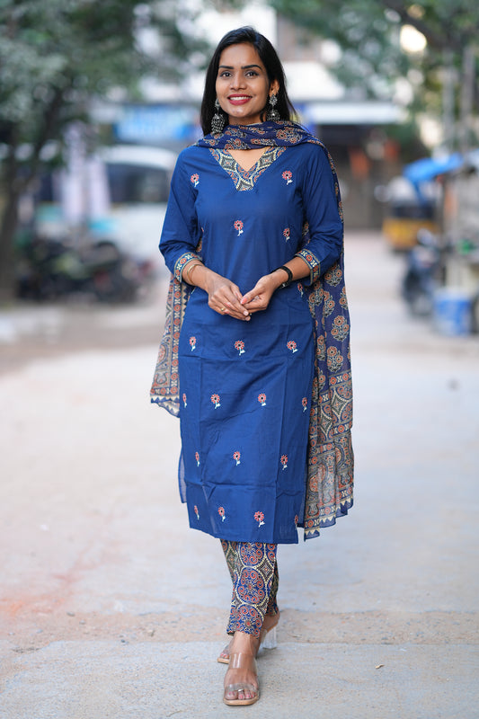 Blue Color Jaipur Cotton 3 Piece Set With Full Lining and Embroidery Work