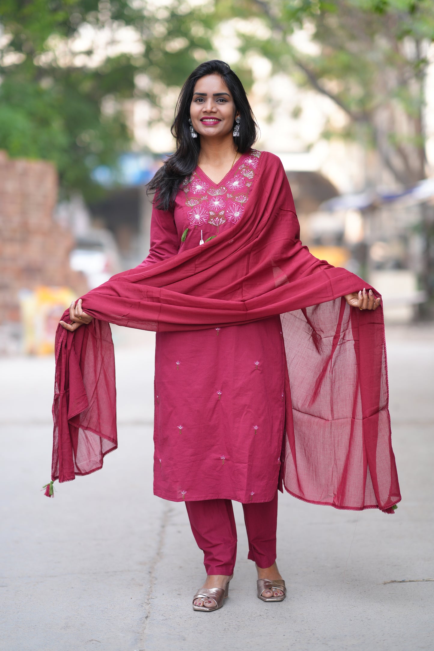 Wine Color Jaipur Cotton 3 piece Set With Embroidery Work and Complete Lining