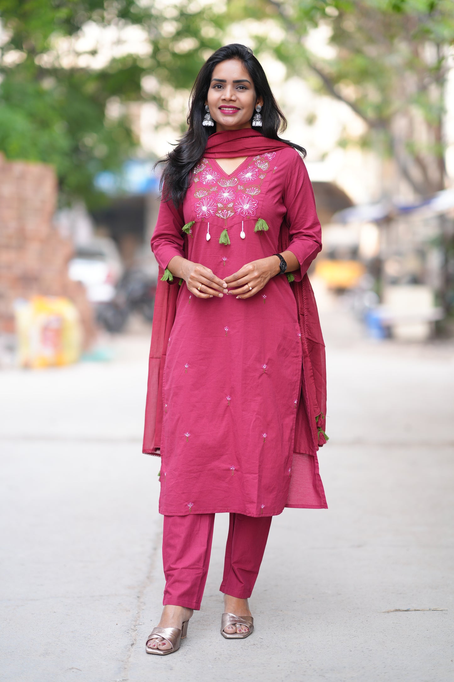 Wine Color Jaipur Cotton 3 piece Set With Embroidery Work and Complete Lining