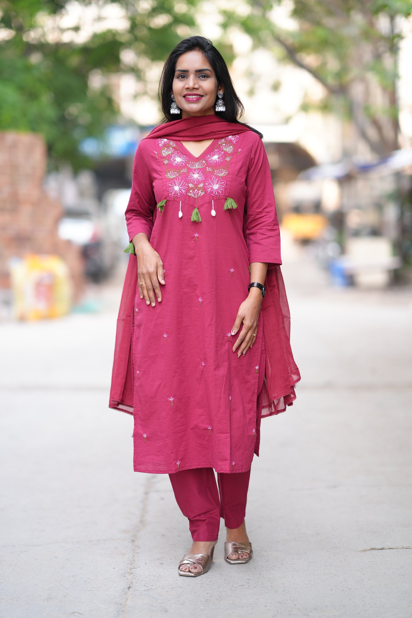 Wine Color Jaipur Cotton 3 piece Set With Embroidery Work and Complete Lining