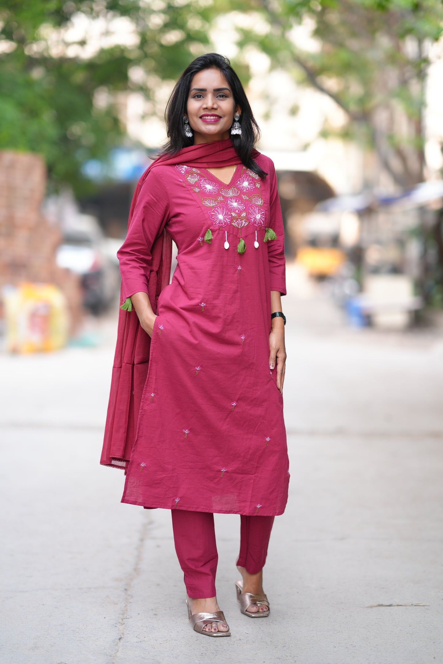 Wine Color Jaipur Cotton 3 piece Set With Embroidery Work and Complete Lining