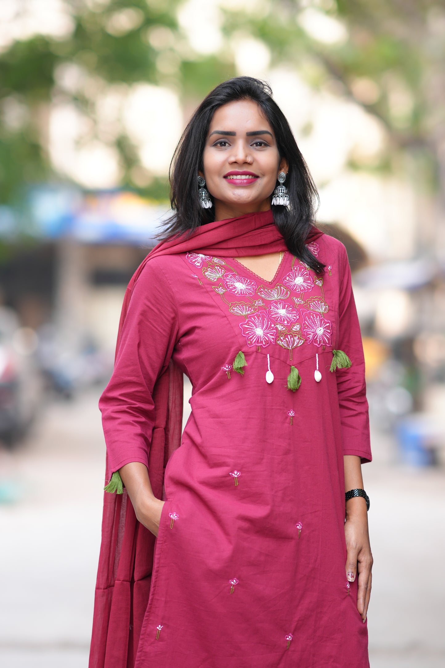 Wine Color Jaipur Cotton 3 piece Set With Embroidery Work and Complete Lining
