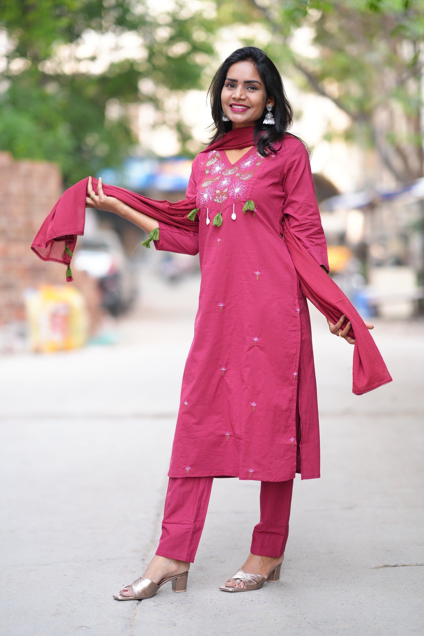 Wine Color Jaipur Cotton 3 piece Set With Embroidery Work and Complete Lining