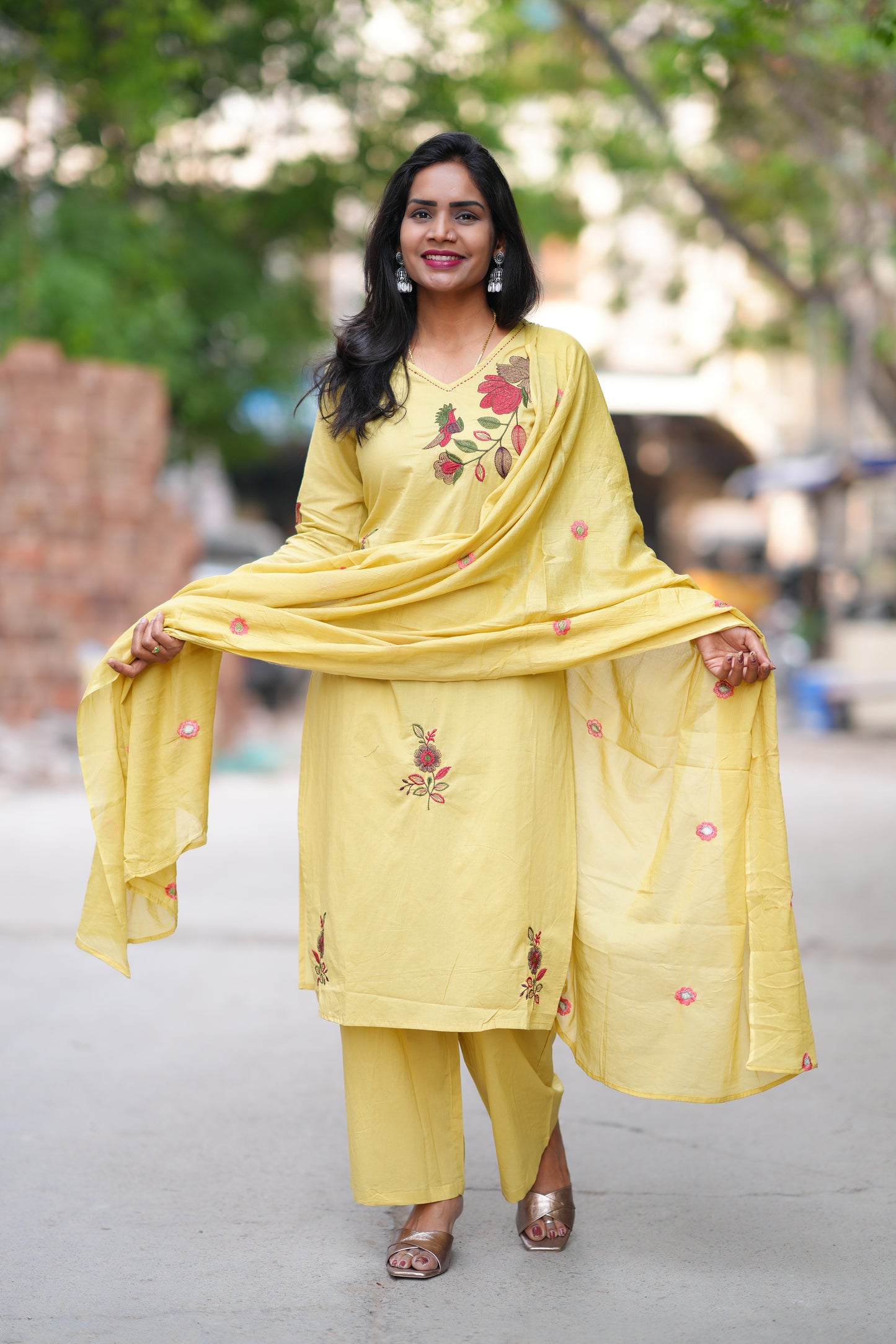 Lime Yellow Color Jaipuri Cotton 3 Piece Set With Heavy Embroidery Work