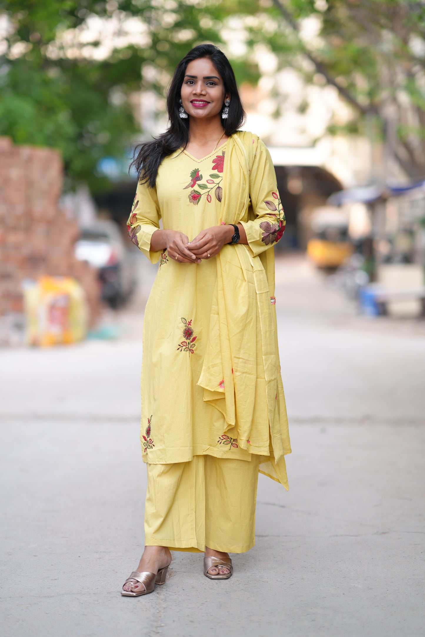 Lime Yellow Color Jaipuri Cotton 3 Piece Set With Heavy Embroidery Work