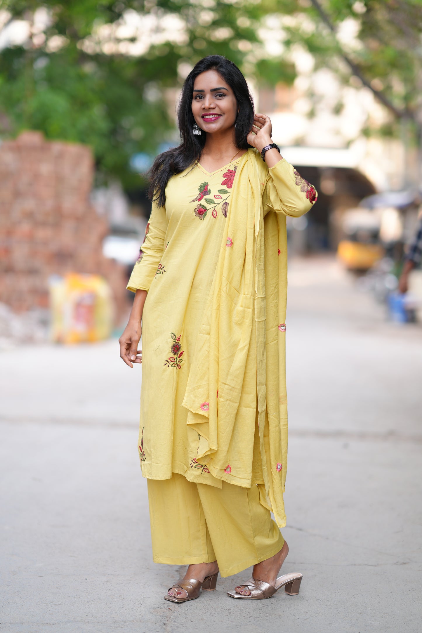 Lime Yellow Color Jaipuri Cotton 3 Piece Set With Heavy Embroidery Work