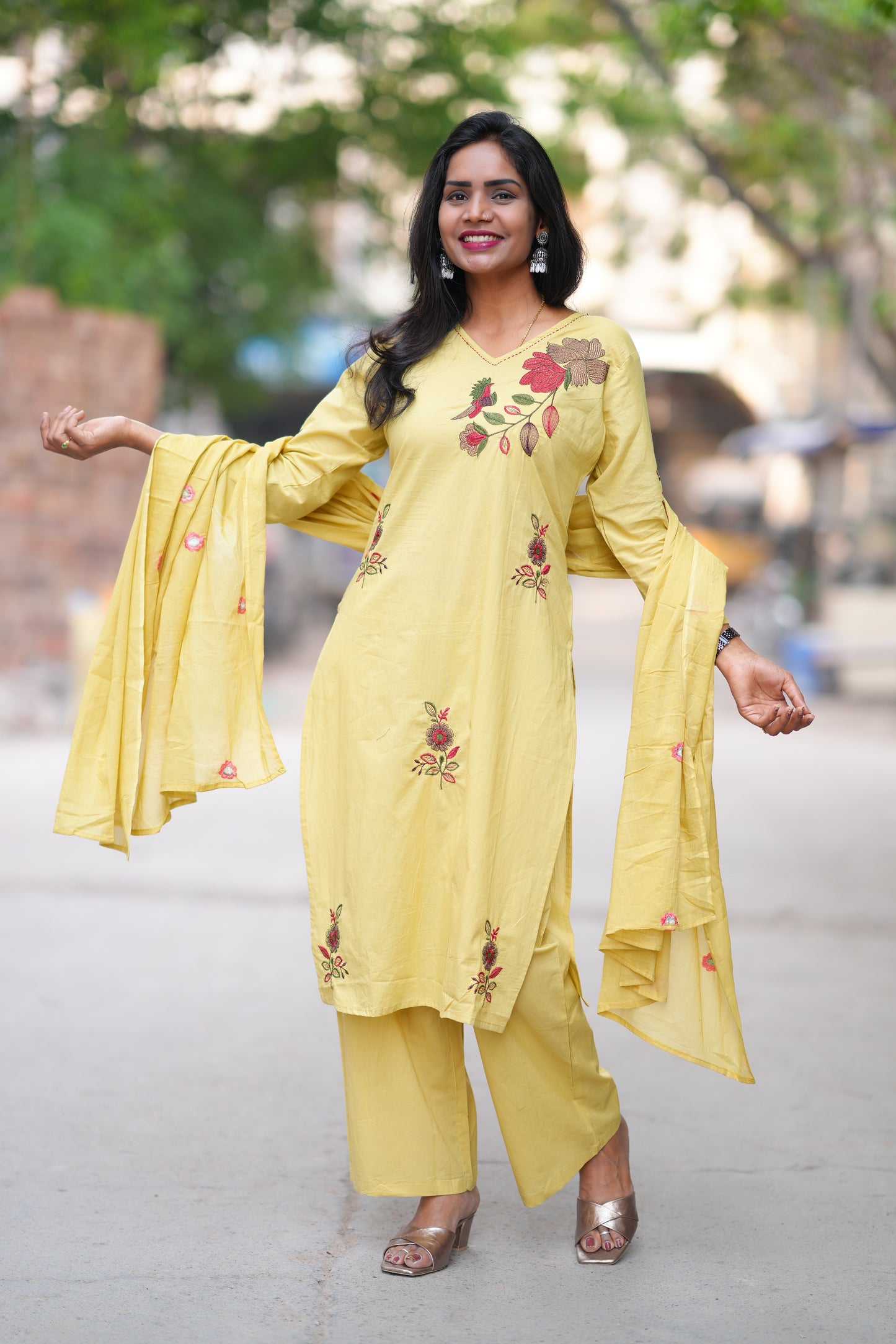Lime Yellow Color Jaipuri Cotton 3 Piece Set With Heavy Embroidery Work