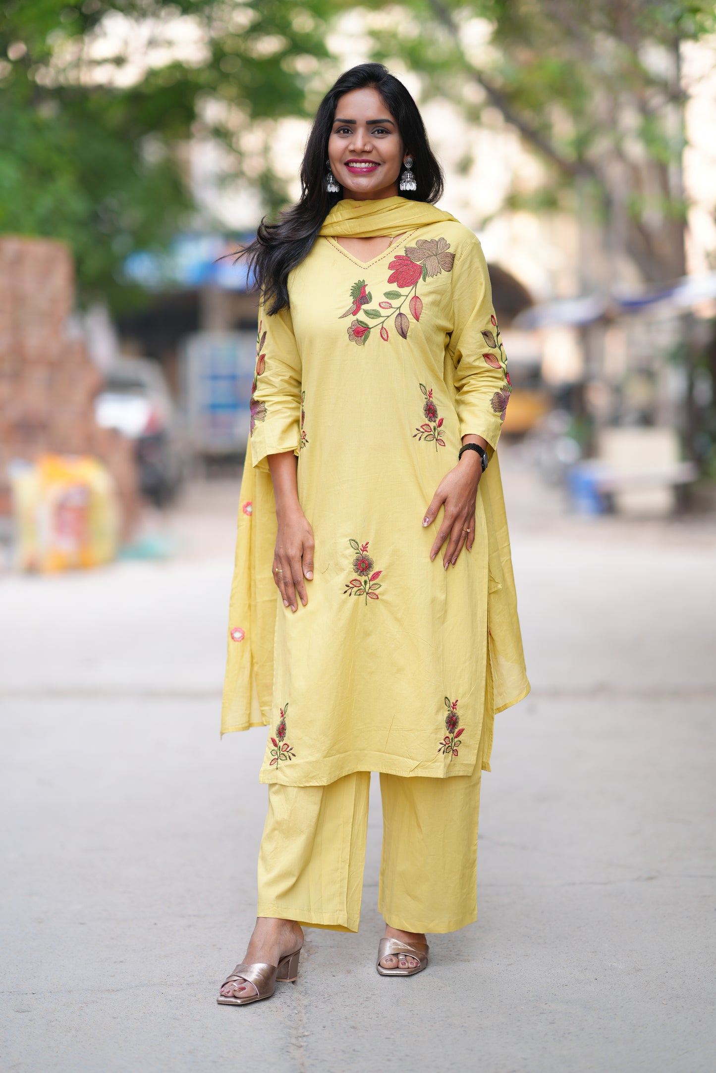 Lime Yellow Color Jaipuri Cotton 3 Piece Set With Heavy Embroidery Work