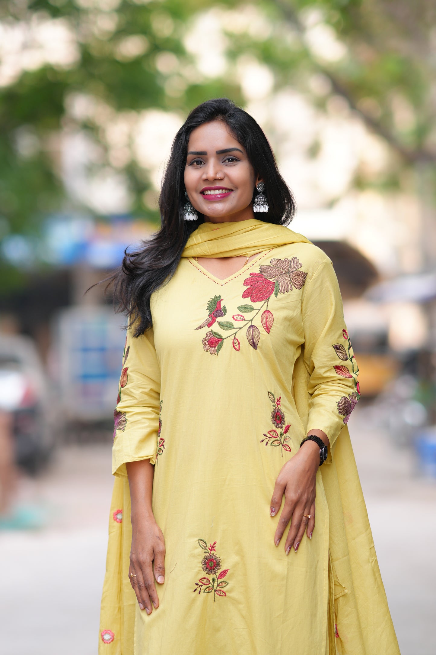 Lime Yellow Color Jaipuri Cotton 3 Piece Set With Heavy Embroidery Work