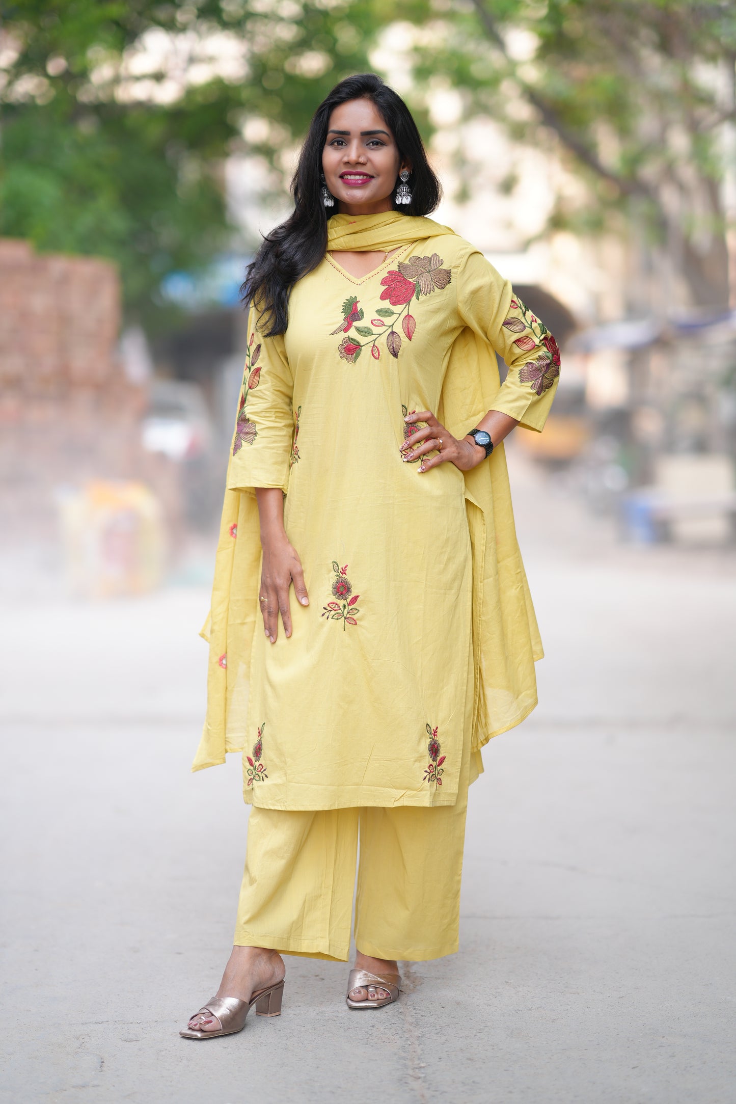Lime Yellow Color Jaipuri Cotton 3 Piece Set With Heavy Embroidery Work