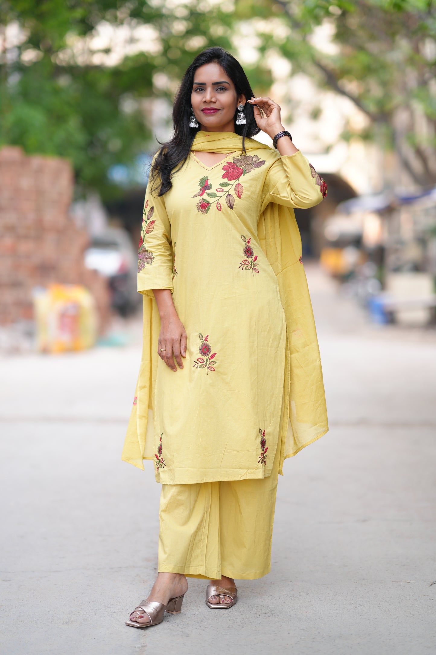 Lime Yellow Color Jaipuri Cotton 3 Piece Set With Heavy Embroidery Work