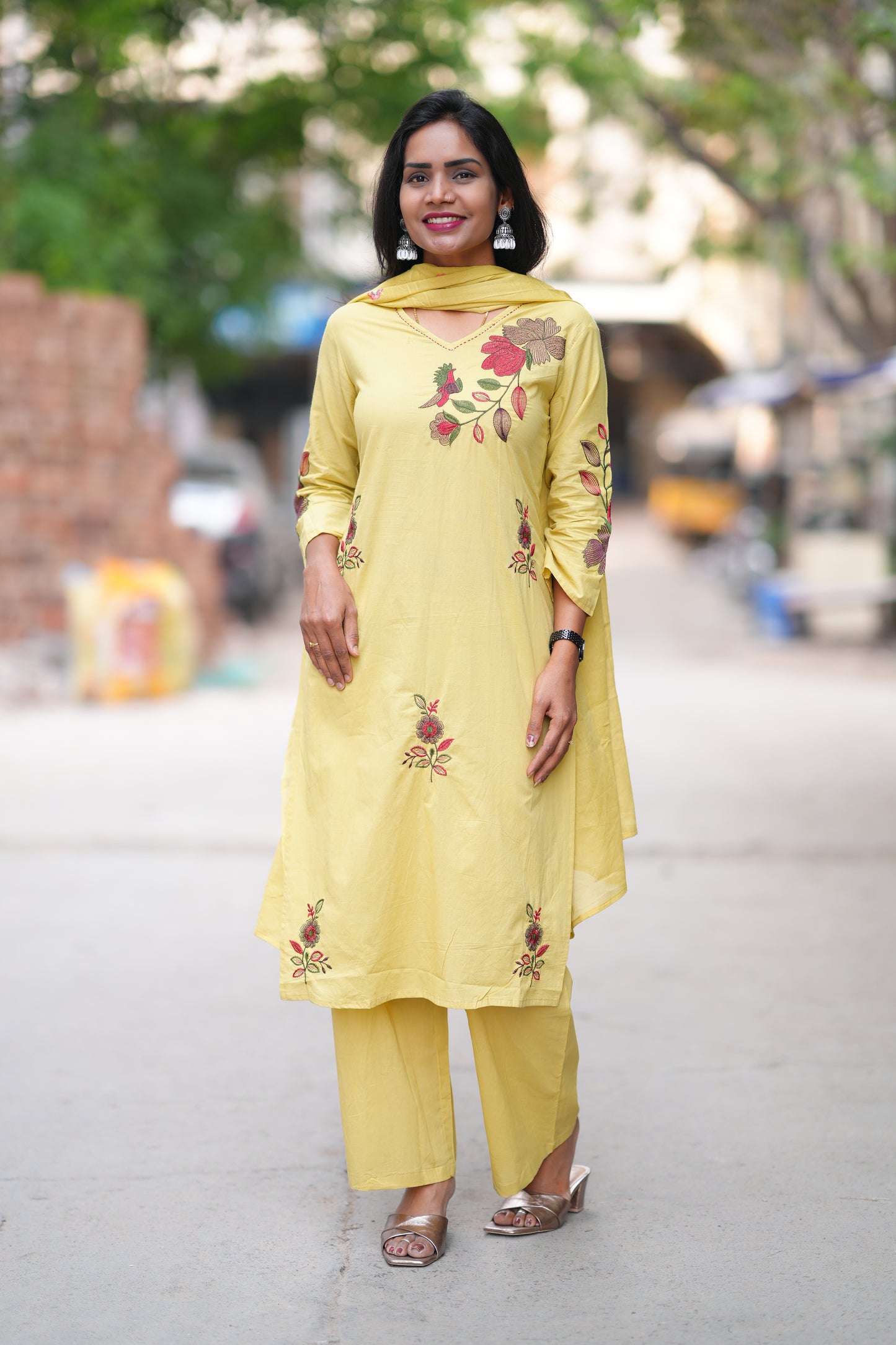 Lime Yellow Color Jaipuri Cotton 3 Piece Set With Heavy Embroidery Work