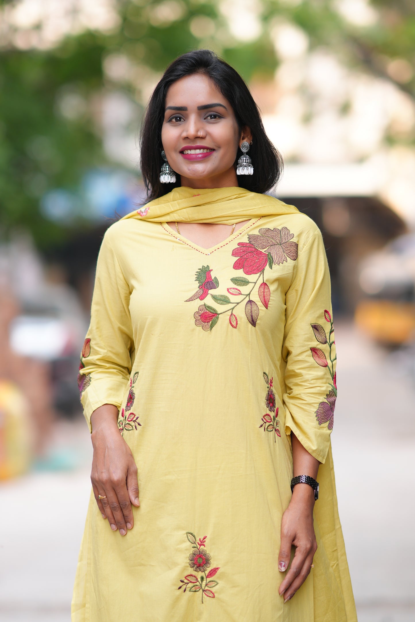 Lime Yellow Color Jaipuri Cotton 3 Piece Set With Heavy Embroidery Work