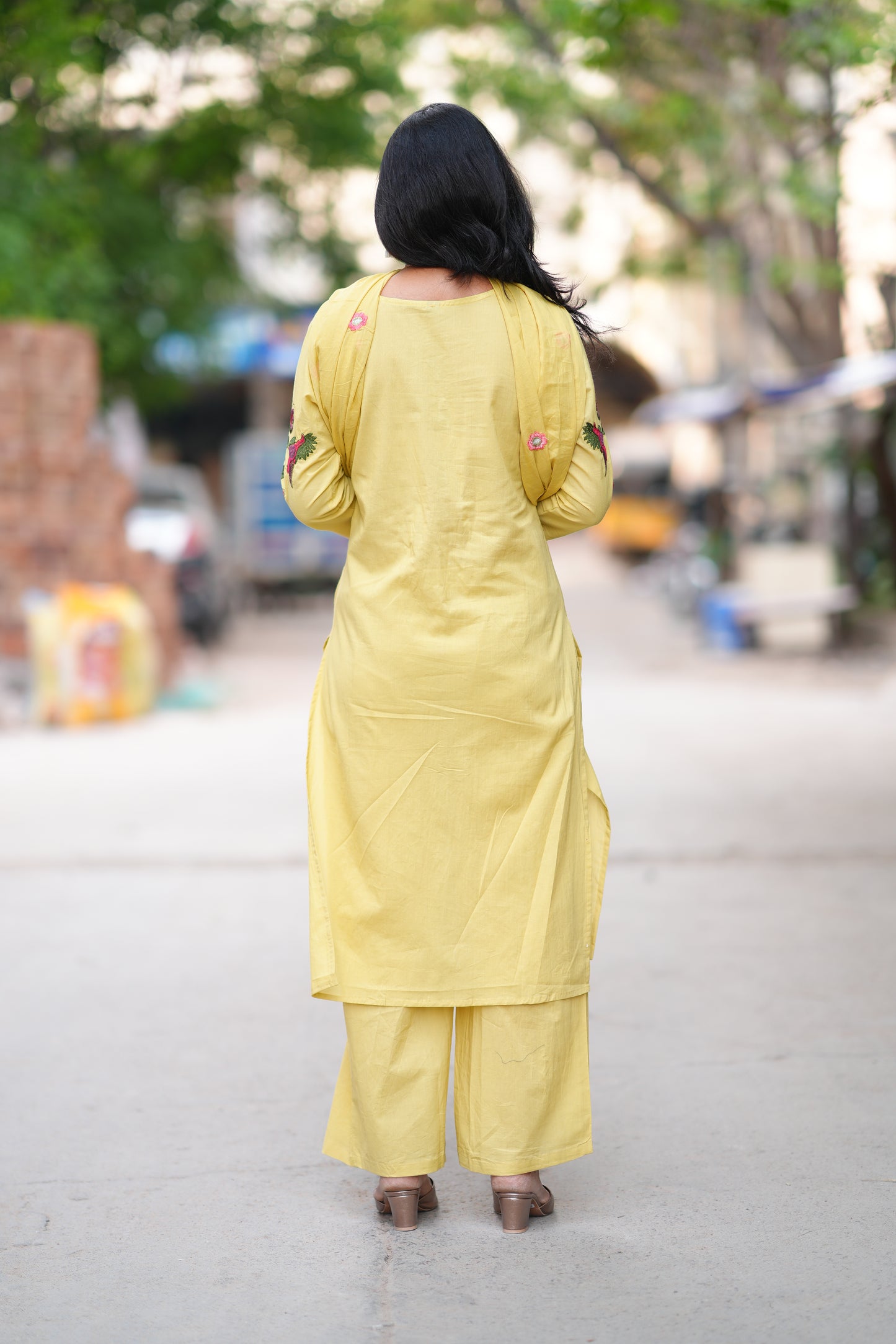 Lime Yellow Color Jaipuri Cotton 3 Piece Set With Heavy Embroidery Work