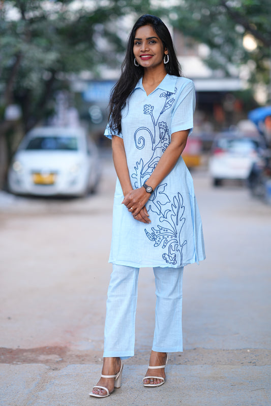 Sky Blue Color Designer Wear Cord Set With Embroidery Work
