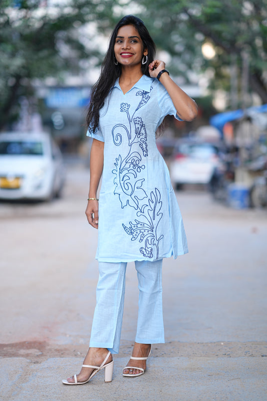 Sky Blue Color Designer Wear Cord Set With Embroidery Work