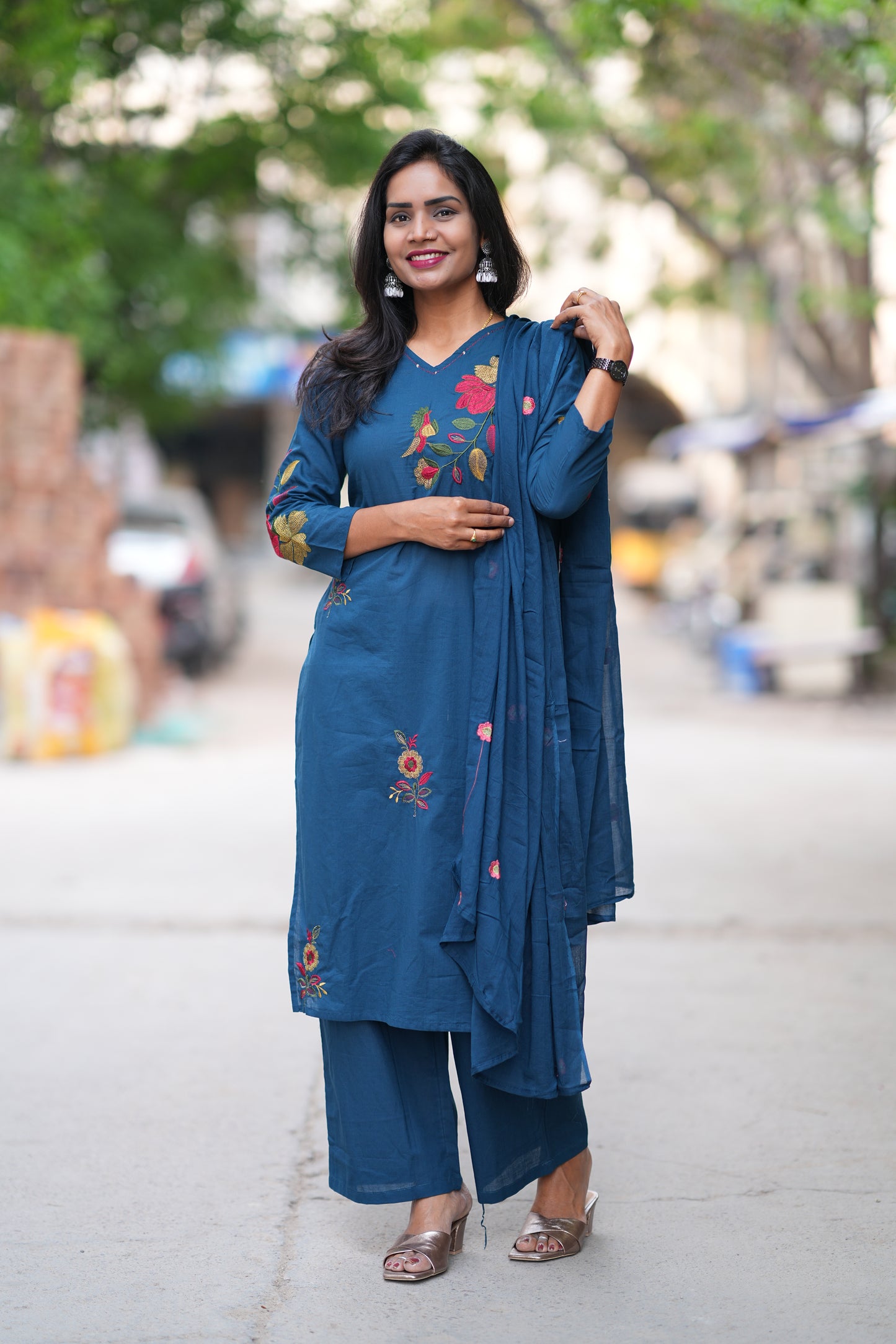 Teal Blue Jaipur Cotton 3 Piece Set With Heavy Embroidery Work