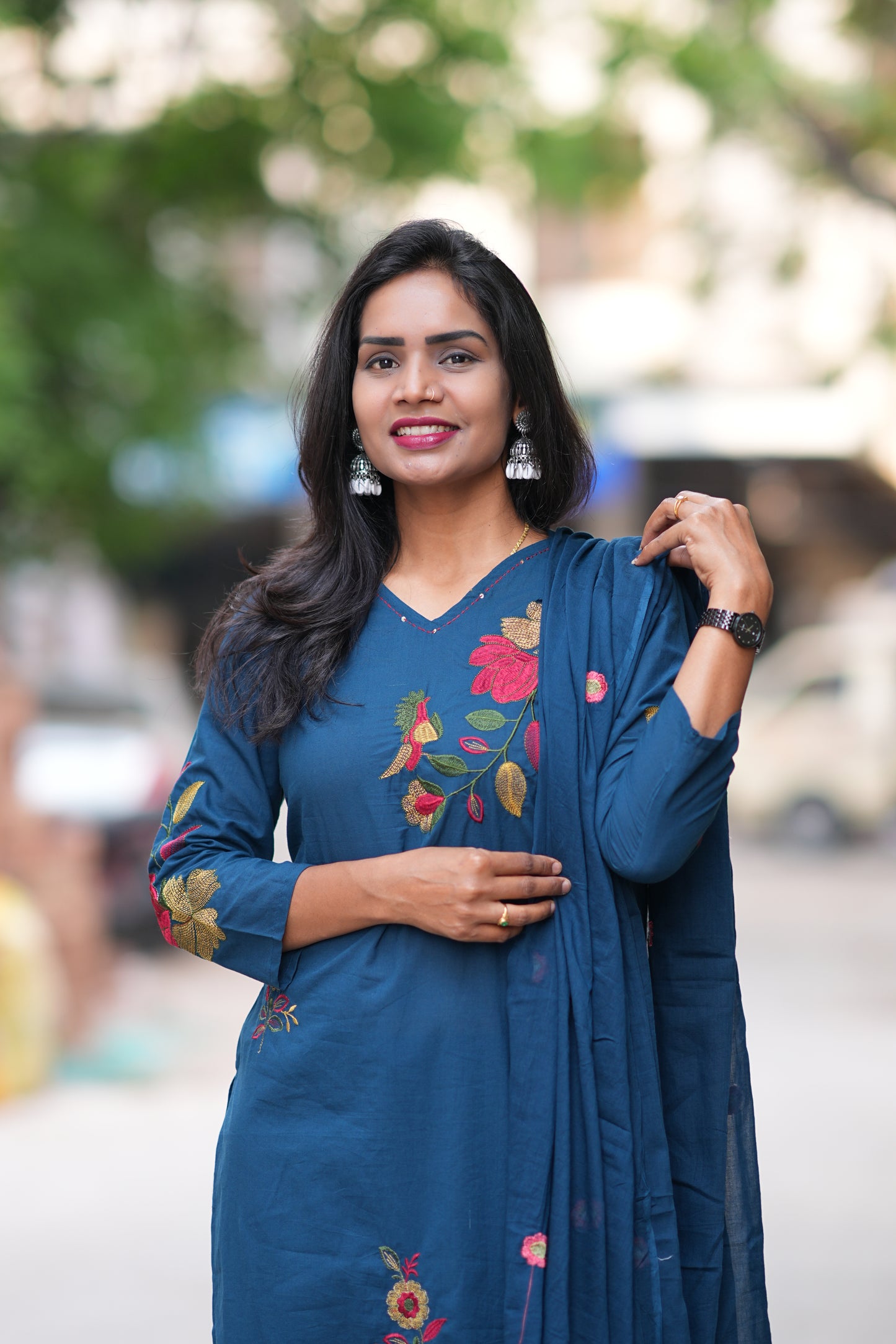Teal Blue Jaipur Cotton 3 Piece Set With Heavy Embroidery Work