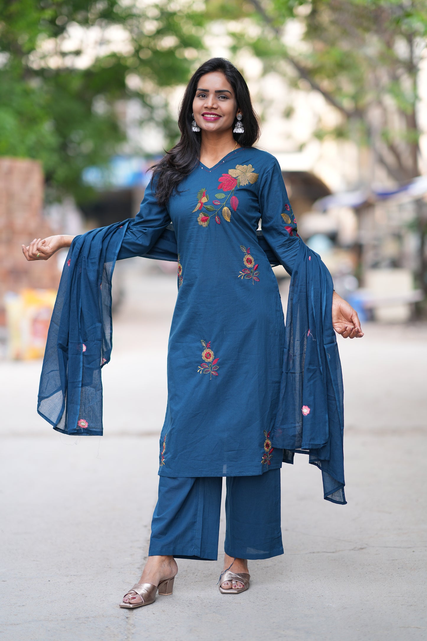 Teal Blue Jaipur Cotton 3 Piece Set With Heavy Embroidery Work
