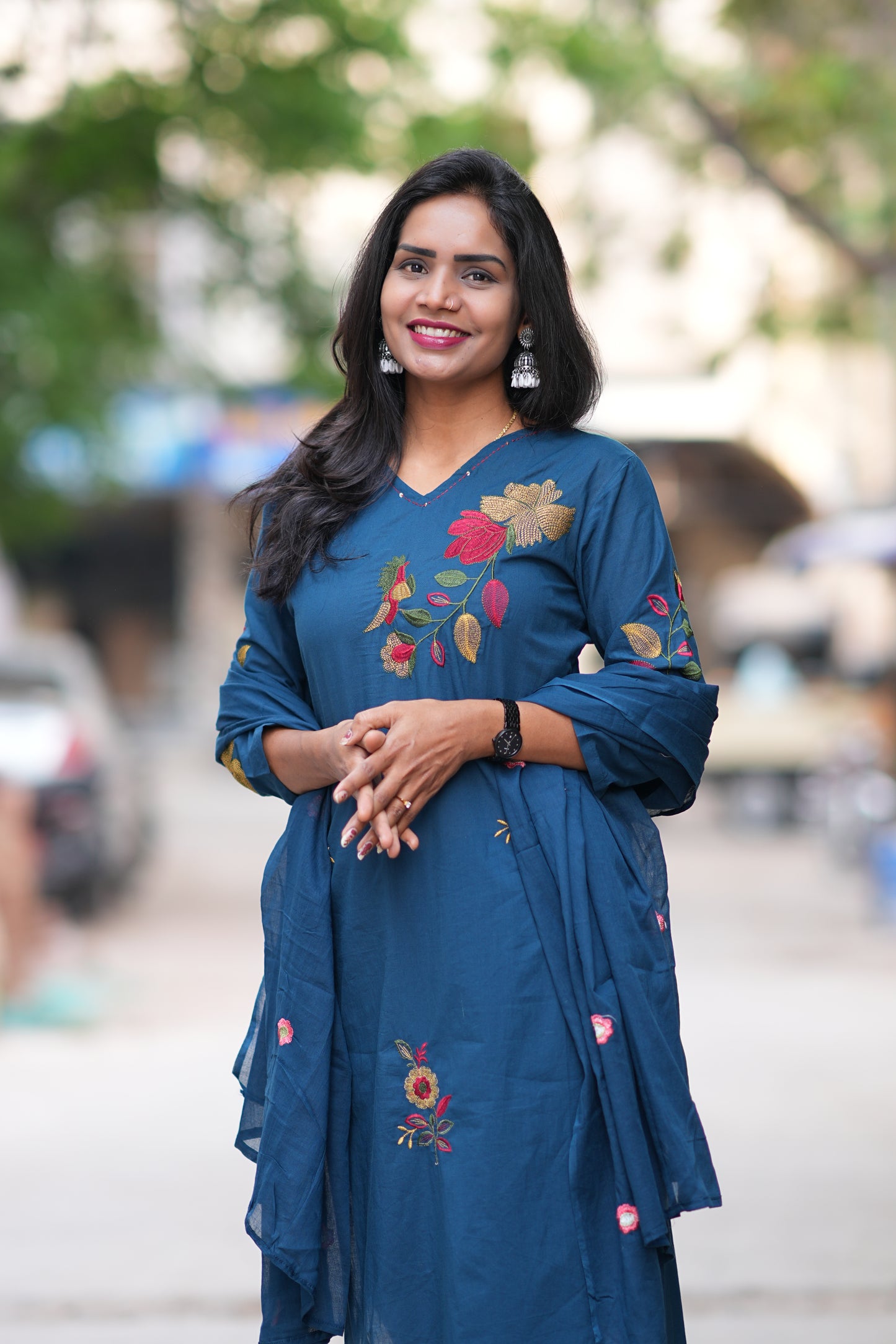 Teal Blue Jaipur Cotton 3 Piece Set With Heavy Embroidery Work
