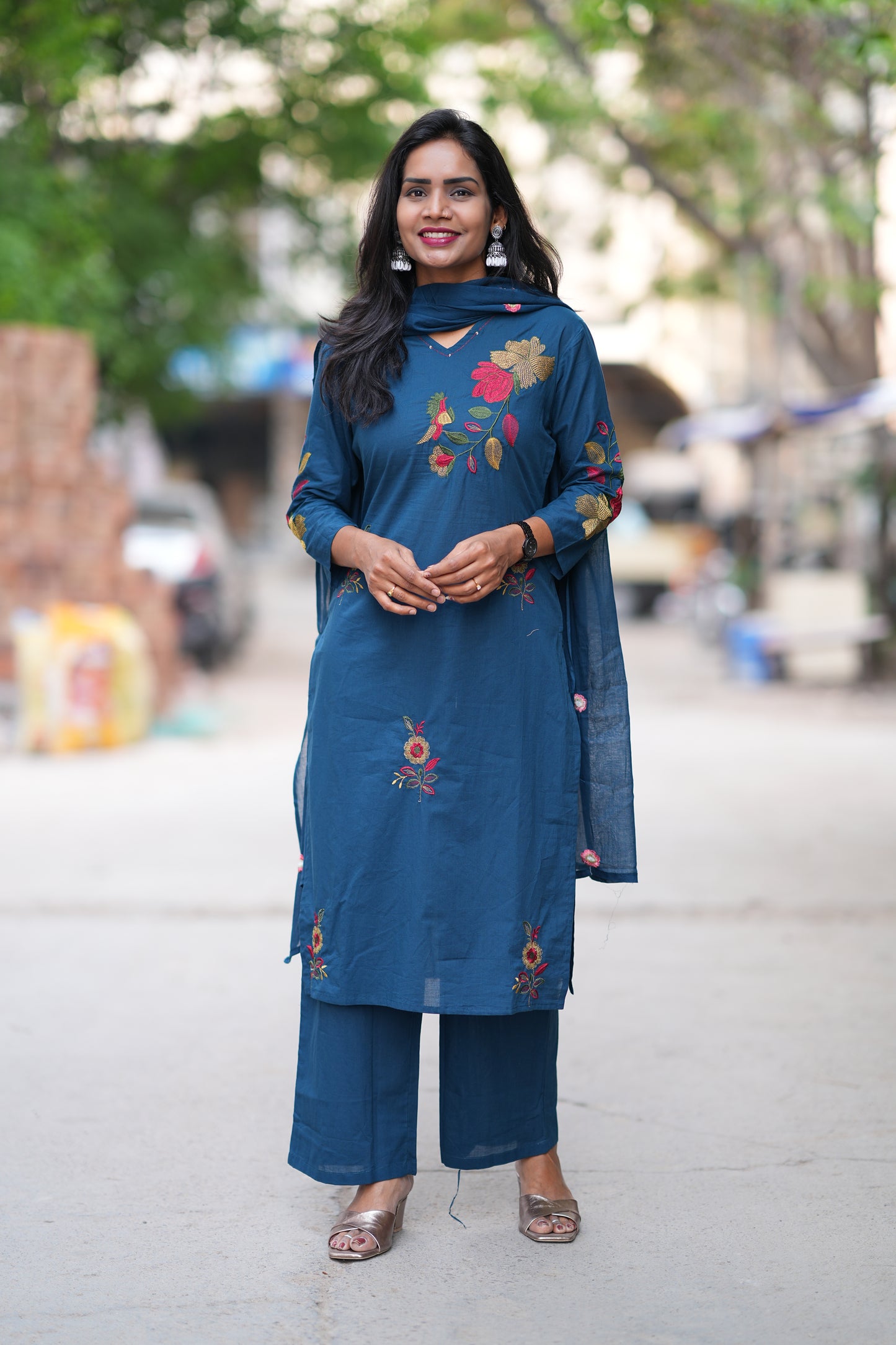 Teal Blue Jaipur Cotton 3 Piece Set With Heavy Embroidery Work