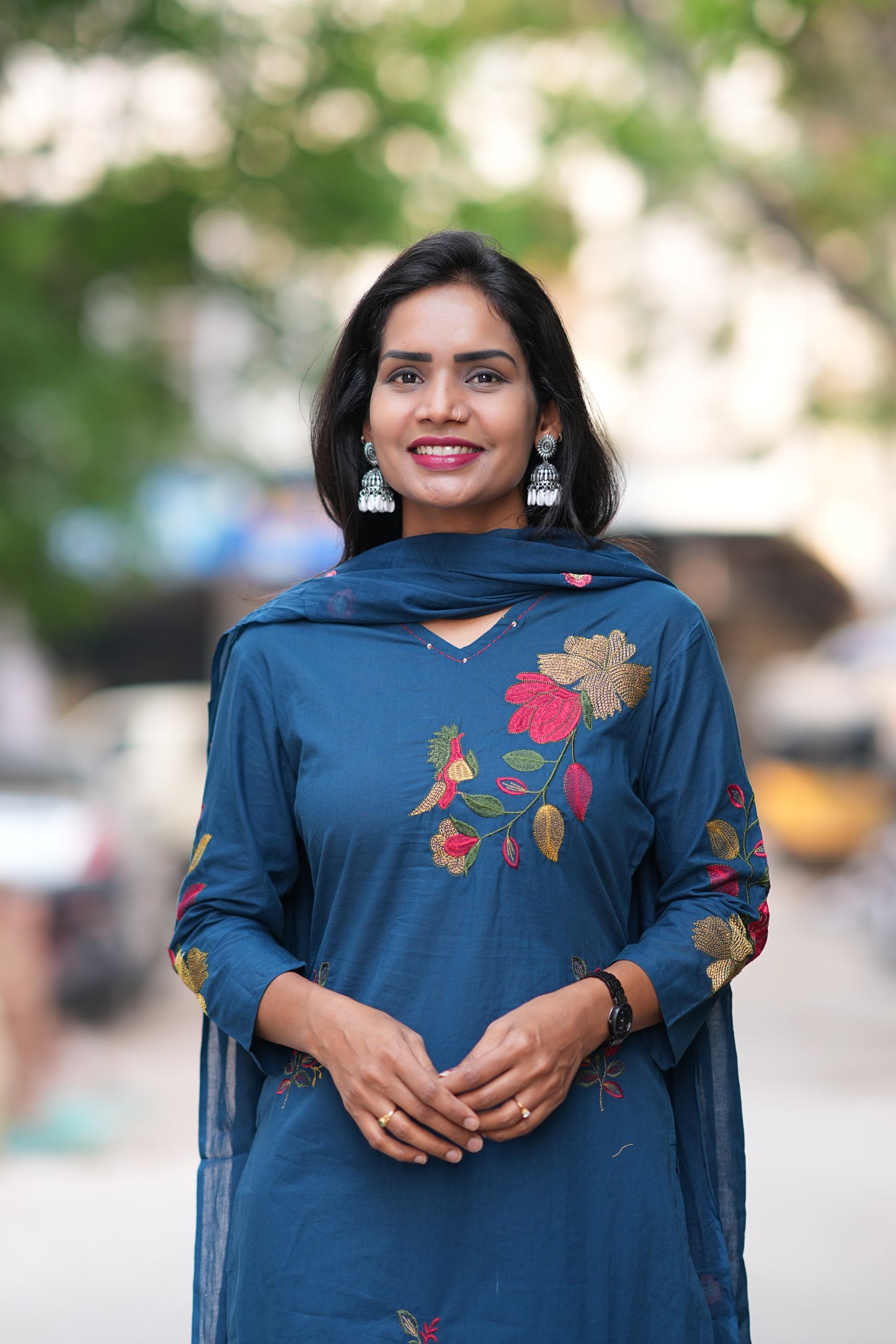 Teal Blue Jaipur Cotton 3 Piece Set With Heavy Embroidery Work