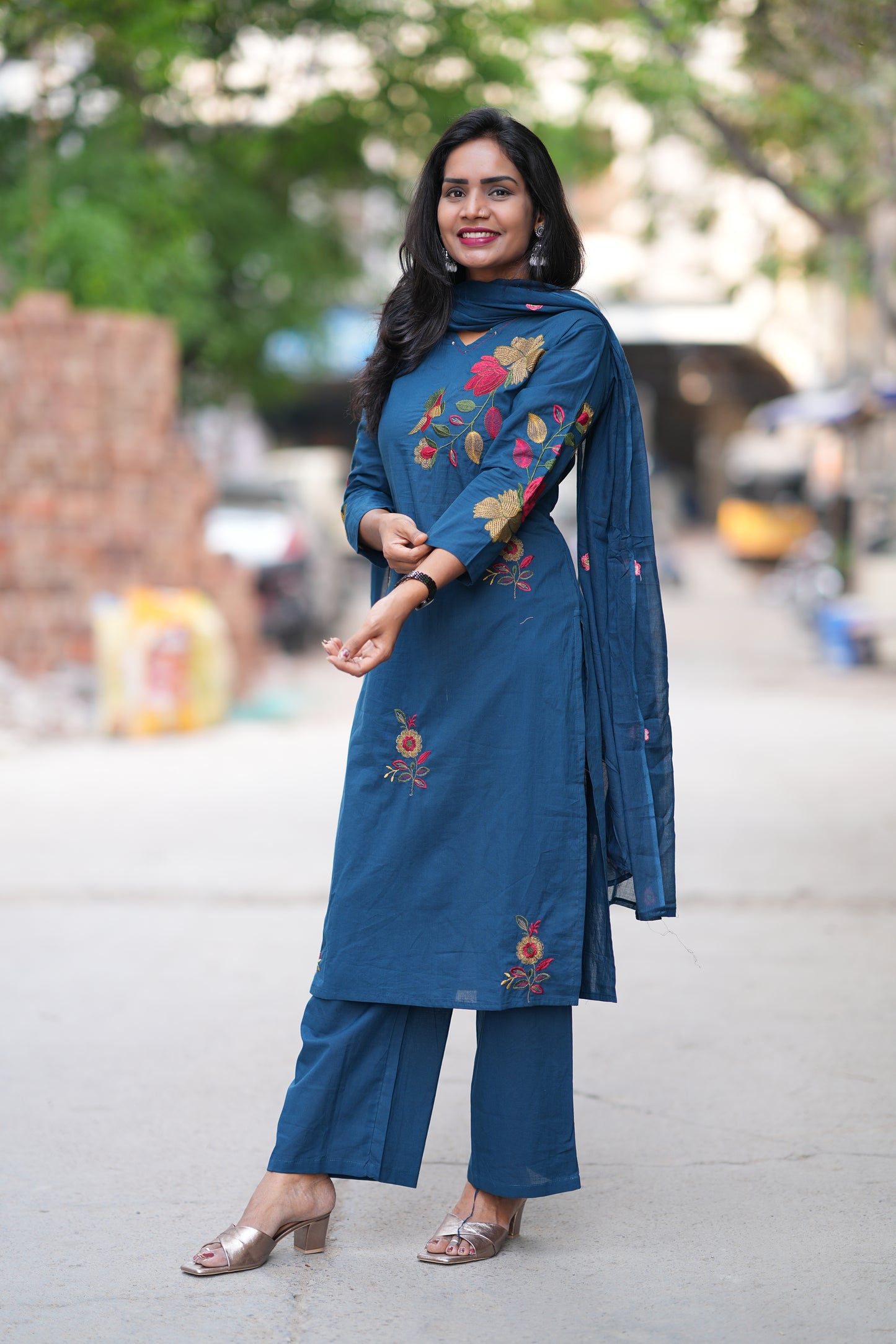 Teal Blue Jaipur Cotton 3 Piece Set With Heavy Embroidery Work